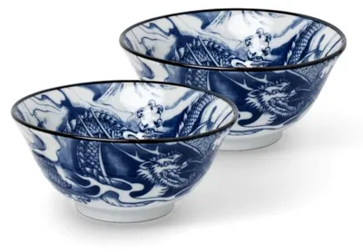 Produktbild von Japan-Bowls | Ramen-Schalen aus Porzellan 15 cm | Asiatische Schüssel für Reis, Nudeln, Tapas, Udon, Müsli - Suppenschale mit japanischen Designs (2er Set Drachengott, blau)