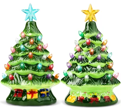 2er Set Keramik-Weihnachtsbäume 17,8 cm, Tischdeko mit Lichtern