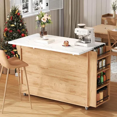 Zdjęcie produktu dla Mobilna wyspa kuchenna o wymiarach 120x45(70) x90 cm w naturalnym kolorze, z rozkładanym blatem, 5 kółkami, półką na przyprawy i szufladą na sztućce – wózek kuchenny z wieloma możliwościami przechowywania