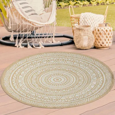 Produktbild von Runder Teppich mit Ethno-Muster in Beige und Weiß – Natürlicher Stil für zeitloses Ambiente Größe - 160 cm Rund