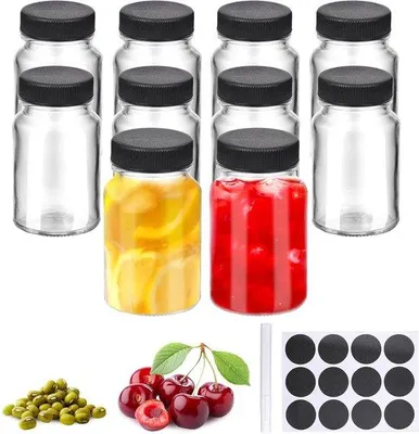 Productafbeelding van Set van 10 glazen flessen, 60 ml, herbruikbaar, lekvrij, met etiketten, geschikt voor sap, gember en whisky – zwart