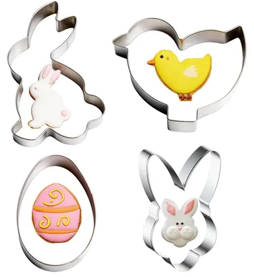 Produktbild von 4-teiliges Oster-Ausstechformen-Set, Ausstechformen aus Edelstahl zum Backen und für Partydekorationen, darunter Formen von Ei, Hase, Hasengesicht und Küken.