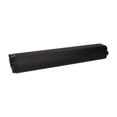 A black e-bike battery pack is shown against a white background.