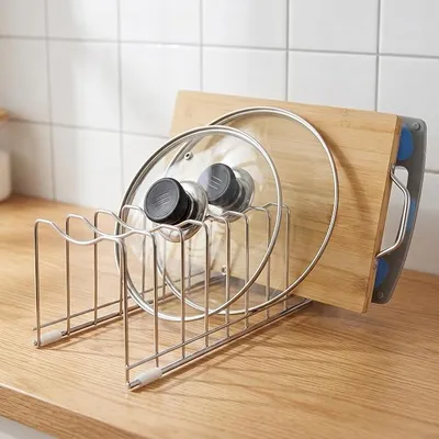 Produktbild von PolkaHome® Topfdeckelhalter Organizer für Schränke – Edelstahl Küchenregal für Töpfe, Pfannen, Schneidebretter, Backbleche, Teller