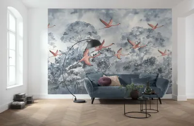 Produktbild von Komar Vlies Fototapete - Flamingos in the Sky - Größe: 400 x 280 cm (Breite x Höhe) - 8 Bahnen, Wohnzimmer, Schlafzimmer, Tapete