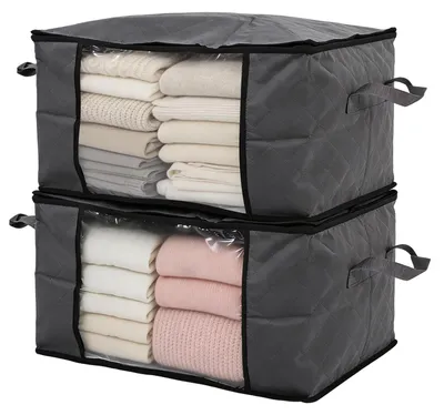 Produktbild von Sekey 2 Stück 90L Aufbewahrungstasche, Faltbare Kleiderschrank Organizer, Stoff-Aufbewahrungsbox mit Doppelreißverschluss und Deckel, Groß Bag für Kleidung, Bettwäsche, Umzug, 60x43x35cm, Grau – Größe