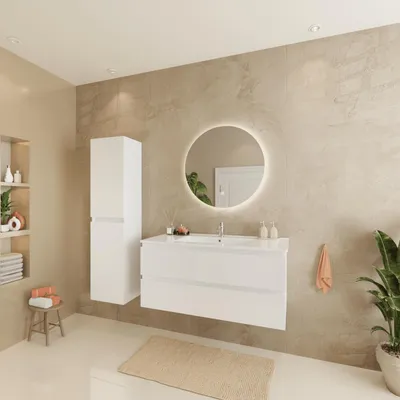 Produktbild von LOMAZOO Badmöbelset VERONA 100 cm - Mit Hochschrank - Glänzend Weiß - Waschbecken Weiß