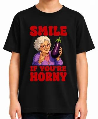 Produktbild von Smile If You're Horny Oma Aubergine Witzig Geschenk Gag Sarkasmus Kinder T-Shirt, Schwarz, 104