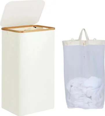 Produktbild von Wäschekorb aus Bambus - Schmaler Wäschesammler 100 L - Herausnehmbarer, waschbarer Innenbeutel - Tragegriffe - Beige