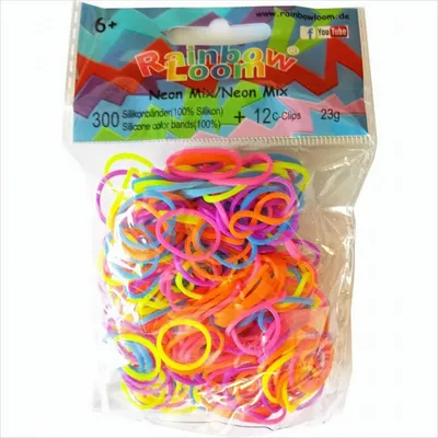 Produktbild von Rainbow Loom Gummibänder Neon Mix Gelb Orange Rosa Lila 300 Gummibänder Clips