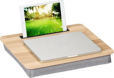 Produktbild von Relaxdays Laptopkissen mit Handyhalter, BxT: 46 x 35 cm, Laptopunterlage für Bett & Sofa, Laptop Knietablett, natur/grau