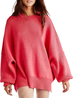 Produktbild von ASKSA Damen Pullover Langarm Rundhals Strickpullover Oversized Seitlichem Schlitz Rippstrick Sweater, Wassermelonenrot, XL