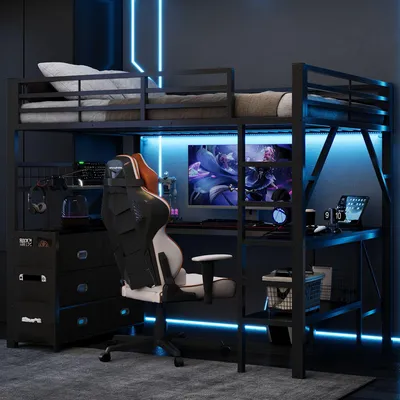 Produktbild von Merax Etagenbett Metall Hochbett 140x200 cm, mit Schreibtisch, Schubladen, Regal & LED Beleuchtung, Gaming Bett Kinderbett mit Treppe, Schwarz