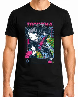 Imagen del producto de Camiseta para hombre, estilo "Kimetsu no Yaiba", con el personaje Giyu Tomioka, diseño de respiración de agua y la palabra "Espada". Color: negro. Talla: S