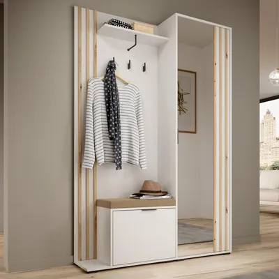 Obrázek produktu pro Šatní skříň STILO, 131 cm, sada do předsíně, zrcadlo, sedák, bílá, lamely, dekorativní dřevo Artisan dub