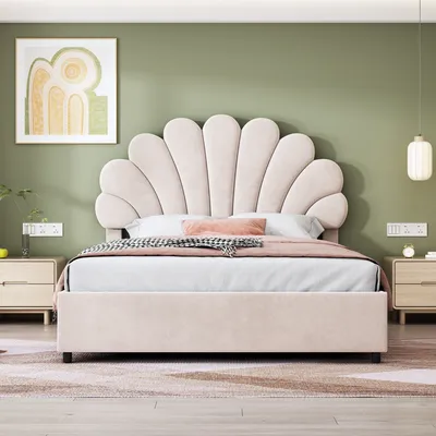 Obrázek produktu pro okwish Dívčí postel Boxspring čalouněná postel 140 x 200 cm s nastavitelným čelem ve tvaru květin a laťkovým roštem, hydraulická úložná postel s úložným prostorem (bez matrace) - béžová