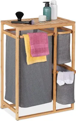 Image de Étagère de salle de bain Famanu avec panier à linge - Trieur à linge en bambou - 3 compartiments - 70 x 50 x 30,5 cm - Boîte à linge en bois naturel/gris