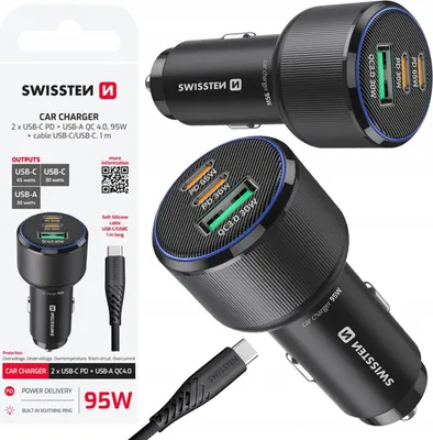Zdjęcie produktu dla Ładowarka Samochodowa 2x Usb-c Pd + Usb-a 95w+ Kabel Usb-c 1m Swissten