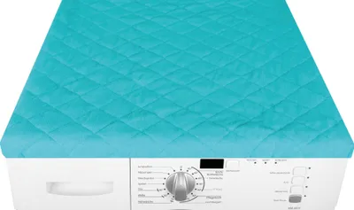 A close-up, top-down view of a turquoise quilted cover placed on top of a white washing machine.