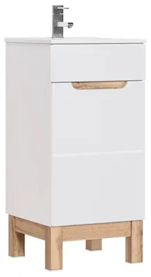 Image de Meuble sous vasque ERMANO – Chêne clair et blanc brillant – 40x84 cm – 1 porte – À poser