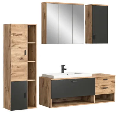 A set of bathroom furniture, including a tall cabinet, a vanity with a sink and faucet, and a medicine cabinet with mirrors.