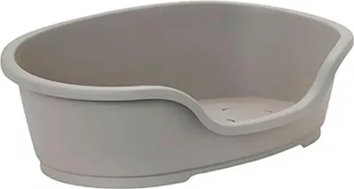 A light gray plastic pet bed with a low profile and raised sides.