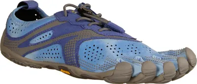 A single blue and gray Vibram FiveFingers V-Run shoe is shown against a white background.