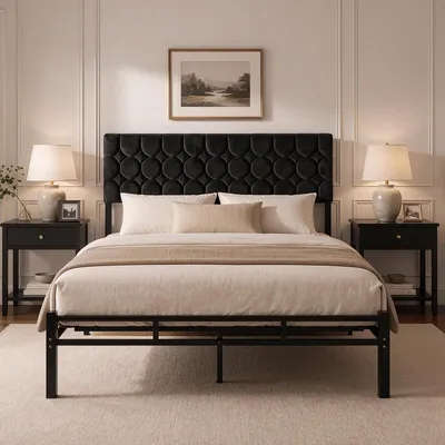 Produktbild von Doppelbettgestell 140x200 cm Metallbett mit gepolstertem Kopfteil Bettrahmen Stahl Stauraum unter dem Bett Plattformbett geräuschlos Schwarz