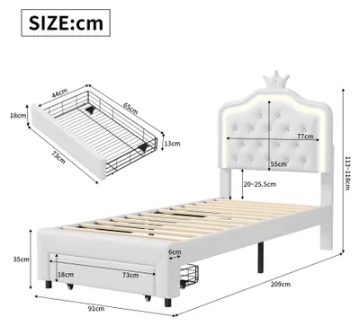 Obrázok produktu pre Rám postele – Jednolôžková posteľ 90x200 cm – Biela umelá koža – 2 zásuvky na vysúvanie – LED osvetlenie RGB – Na vlastnú montáž – Bez matraca