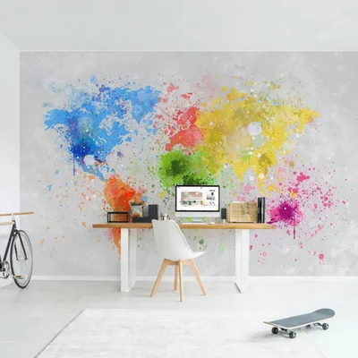 Produktbild von Fototapete Weltkarte - Vliestapete - Bildtapete UV-beständig Weltkarte bunt Aquarell Wandtapete geruchsfrei