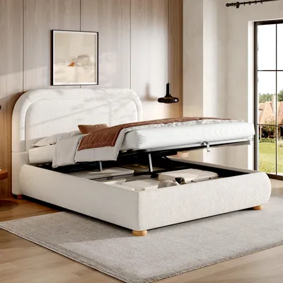 Immagine prodotto di Letto imbottito idraulico Flieks 160x200 cm con contenitore, letto per ragazzi letto matrimoniale con rete a doghe, letto contenitore letto in legno con rivestimento bouclé, bianco