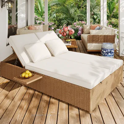 Produktbild von MERAX Gartenliege Outdoor Gartenmöbel Balkonset Terrassenmöbel Sonneninsel, Polyratten Gartenliege klappbare Doppelliege mit Regal & Kissen