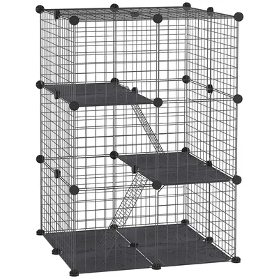 Produktbild von PawHut 3-stöckiger Kleintierkäfig, Haustier-Laufstall mit 39 Paneelen, 35 x 35 cm, Rampen und anpassbarer Form für Meerschweinchen, Kaninchen, Chinchillas, 70 x 70 x 105 cm, Schwarz