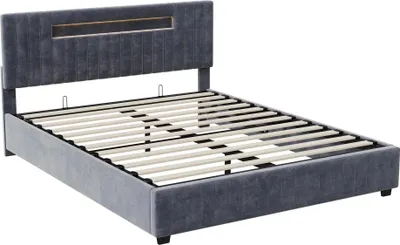 Image de Lit avec coffre de rangement - Lit rembourré - Coffre de rangement hydraulique - Tête de lit en velours - 140 x 200 cm - Cadre en bois