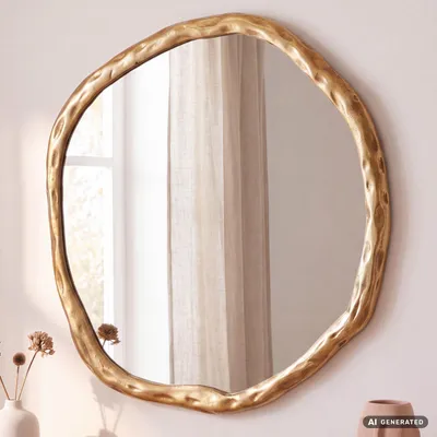 Produktbild von FineBuy Wandspiegel Asymmetrisch 60x60 cm Metall Hängespiegel Gold Aluminium Dekospiegel Unförmig mit Rahmen Spiegel Wand Groß Flurspiegel, KI-generiertes Bild