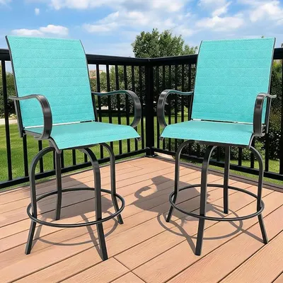 Produktbild von 2er Set Outdoor Barhocker drehbar – Hohe Gartenstühle mit Armlehnen & Rückenlehne, wetterfestes Textilene, 360° Schwenkfunktion – Für Terrasse, Balkon, Garten, Deck – Farbe: Türkis