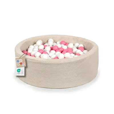 Produktbild von Bällebad Kinder ?100cm – Bällepool Baby Rund mit 200 Bällen – Spielpool für Kleinkinder – Indoor Spielspaß (Creme Streifen, Rosa/Weiß)