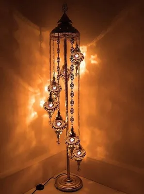 Produktbild von Turkische Mozaik Stehlampe Handgefertigt in Braun mit 7 Glaskugeln – Authentische Orientalische Lampe
