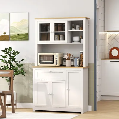 Zdjęcie produktu dla Szafka kuchenna w stylu wiejskim z witryną, szufladą, 2 szafkami, otwartą półką, kolor: naturalny + biały | 100x40x180 cm | płyta MDF