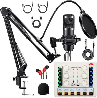 Produktbild von ZELURXX Tragbare Podcasting-Equipment-Set, Audio-Interface und DJ-Mixer und BM-800 Kondensatormikrofon, mit Mikrofonarm, Bluetooth, Weiß