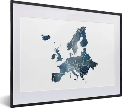 Produktbild von MuchoWow® MuchoWow® Gerahmtes Poster Karte von Europa - Blau - Aquarell 40x30 cm - Poster mit zchwarzem Bilderrahmen - Bilderrahmen - Poster im Rahmen