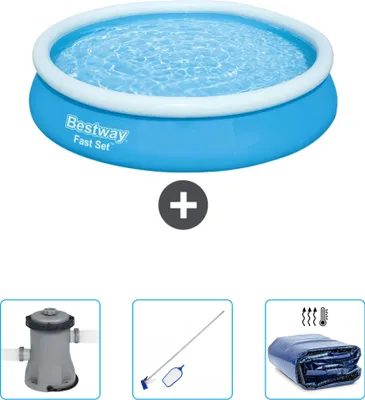 Produktbild von Bestway runder aufblasbarer Fast-Set-Pool – 366 x 76 cm – Blau – im Lieferumfang enthalten Pumpe - Reinigungskit - Sonnensegel