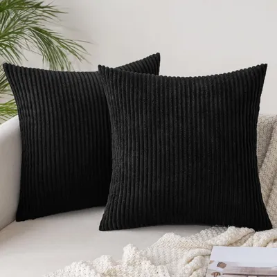 Productafbeelding van Set van 2 kussenhoezen van corduroy, zwart, 50 x 50 cm, geschikt voor bankkussens, decoratieve kussens, fauteuilkussens, zacht