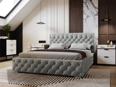 Obrázek produktu pro Postel GRAINGOLD Glamour Chesterfield 180x200 cm Velutto - Sametová postel s roštem a postelovým boxem - šedá (Magic velvet 2217)