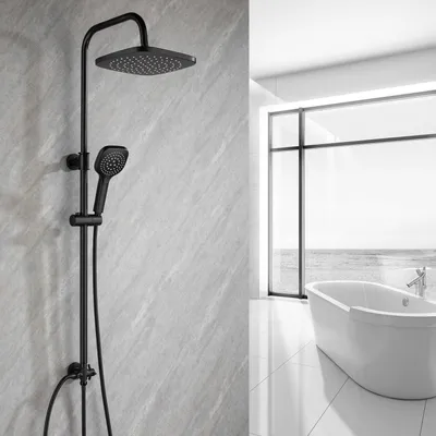 Obrázok produktu pre Sprchový systém bez batérie s dažďovou sprchou s priemerom 25 cm a 3 režimami, s nastaviteľnou výškou 79-128 cm, hranatý, čierny