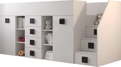Produktbild von Etagenbett für Kinder Toledo 3 Stockbett mit Treppe, Schreibtisch, Bettkasten (Weiß/Weiß Glanz + schwarze Griffe, Seite: Rechts)