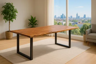 Produktbild von Esszimmertisch 180x90 cm Laurina, Baumkantentisch aus Akazienholz, massiv + nougatfarben, U-Metallgestell Schwarz, Esstisch mit echter Baumkante