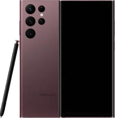 A Samsung Galaxy S22 Ultra 5G 512GB Burgundy smartphone is shown with its S Pen.