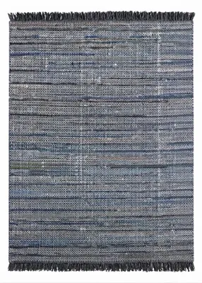 Produktbild von Holi handgewebter Baumwollteppich Grau/Blau 160 × 90 cm – hochwertiger Flachgewebe-Teppich mit Fransen und 11 mm Florhöhe