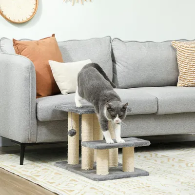 Produktbild von Hundetreppe Kratzbaum 3-stufig, Haustiertreppe mit Sisalpfosten, Plüsch Spanplatte, Grau | 52x34,5x54 cm | bis 10 kg | höhenverstellbare Ebene